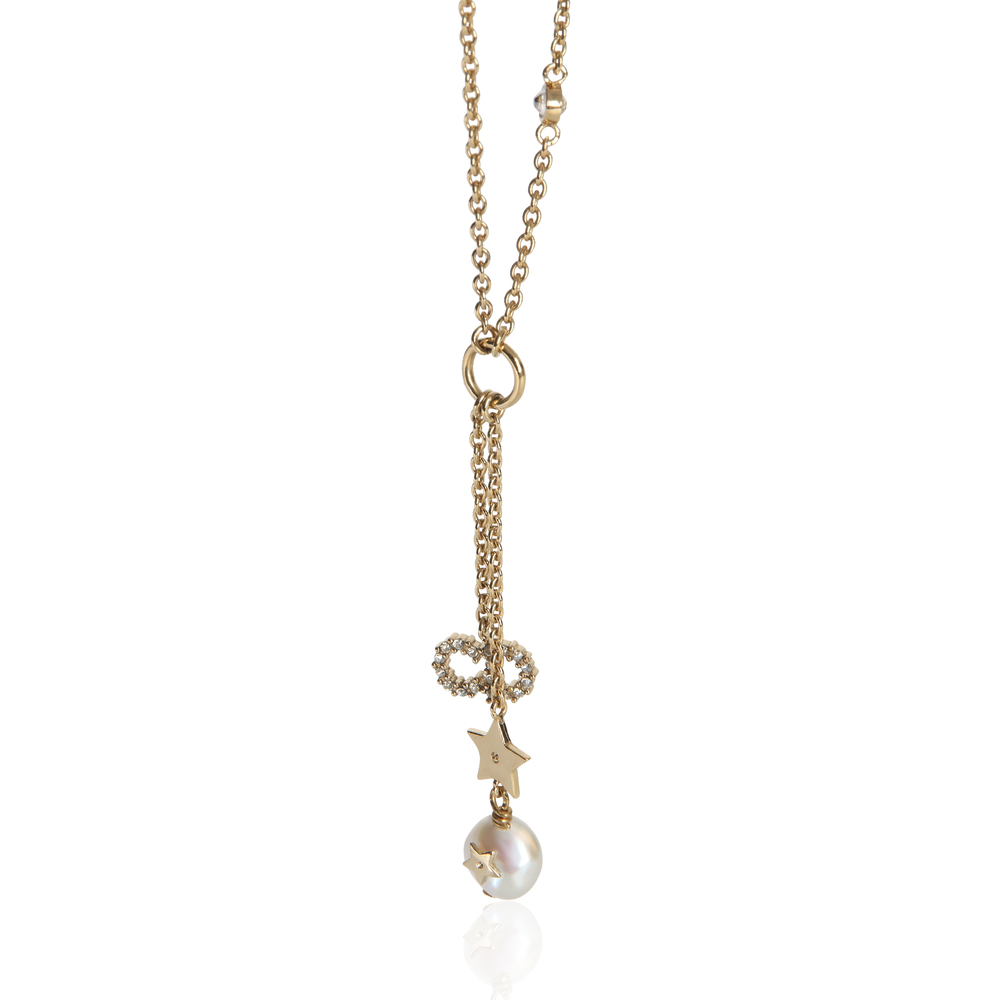 Christian Dior Gold-Plated  Strass CD & Faux Pearl Lariat Necklace
